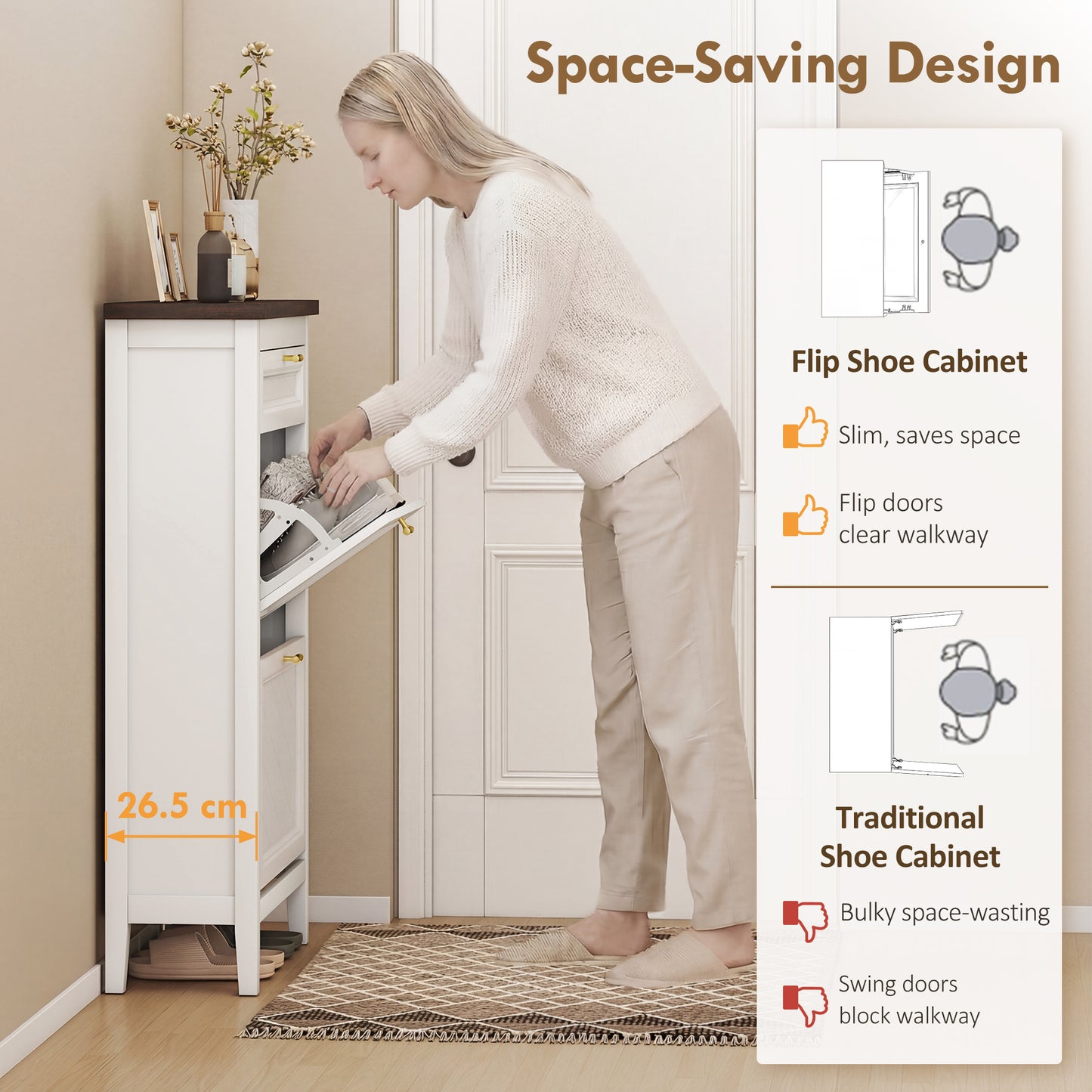 HOMCOM Farmhouse Narrow Shoe Storage Cabinet With 2 Flip Drawers And Adjustable Shelves White