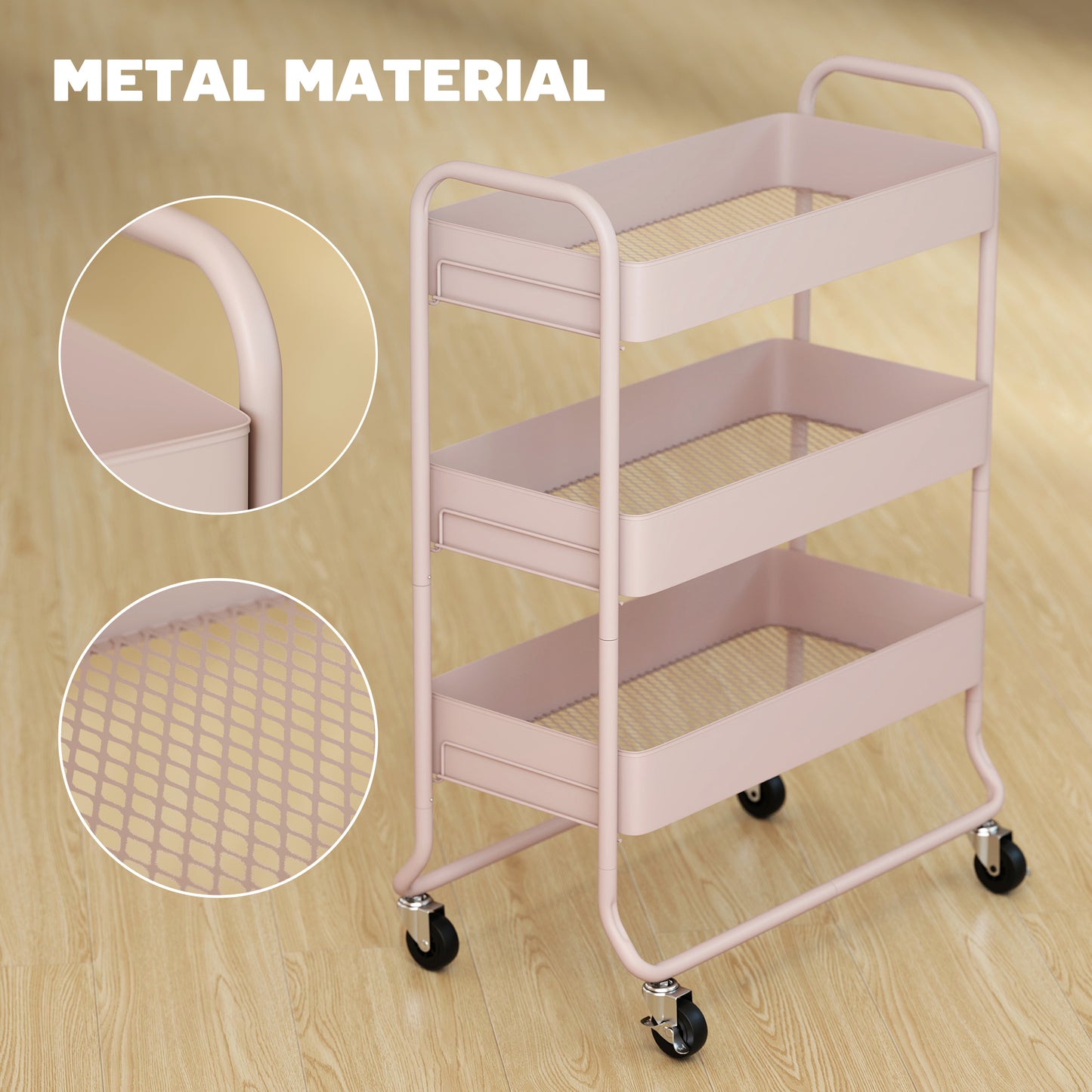 HOMCOM Three Tier Storage Trolley On Wheels With Mesh Baskets In Light Pink For Kitchen Bathroom And Bedroom
