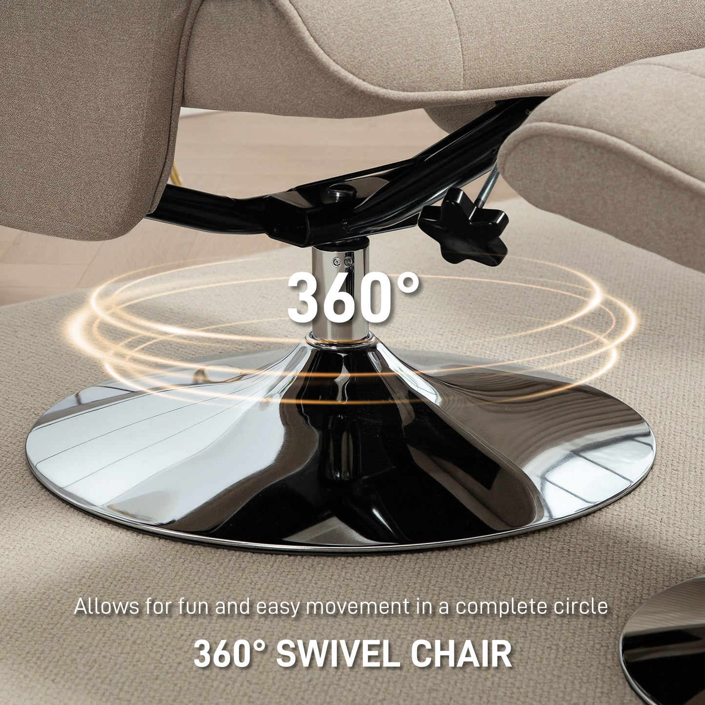 HOMCOM Velvet Swivel Recliner Chair With Ottoman Footstool Steel Base Beige Upholstered Armchair For Living Room Office