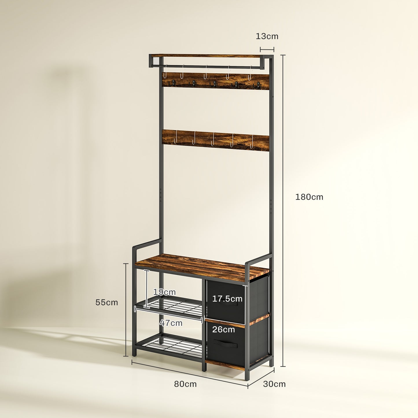 HOMCOM Industrial Style Hallway Tree With Bench 15 Coat Hooks Two Shoe Racks And Two Fabric Drawers Brown Black
