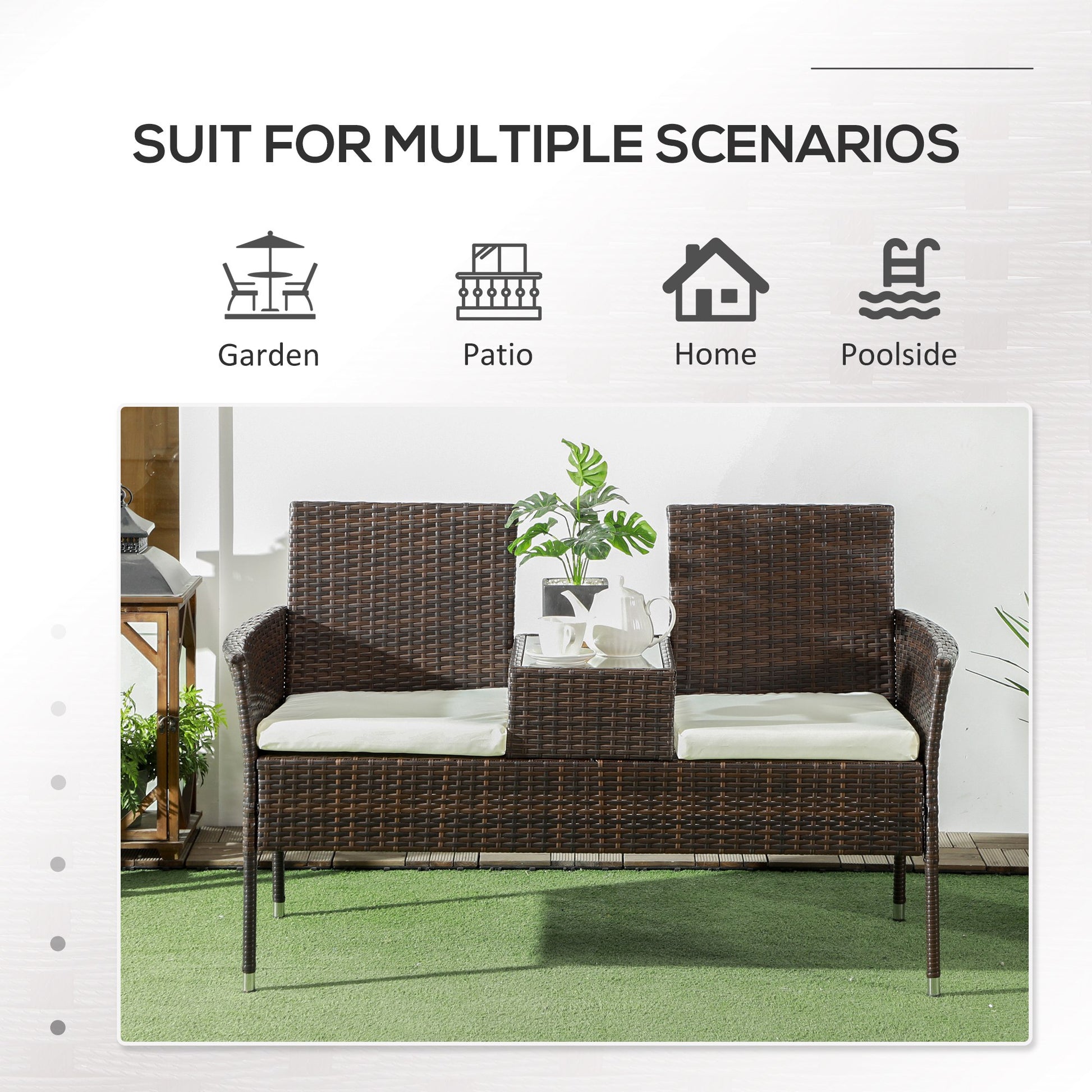 Outsunny Dual Seat Rattan Lounge Chair Set with Center Table - Brown - ALL4U RETAILER LTD