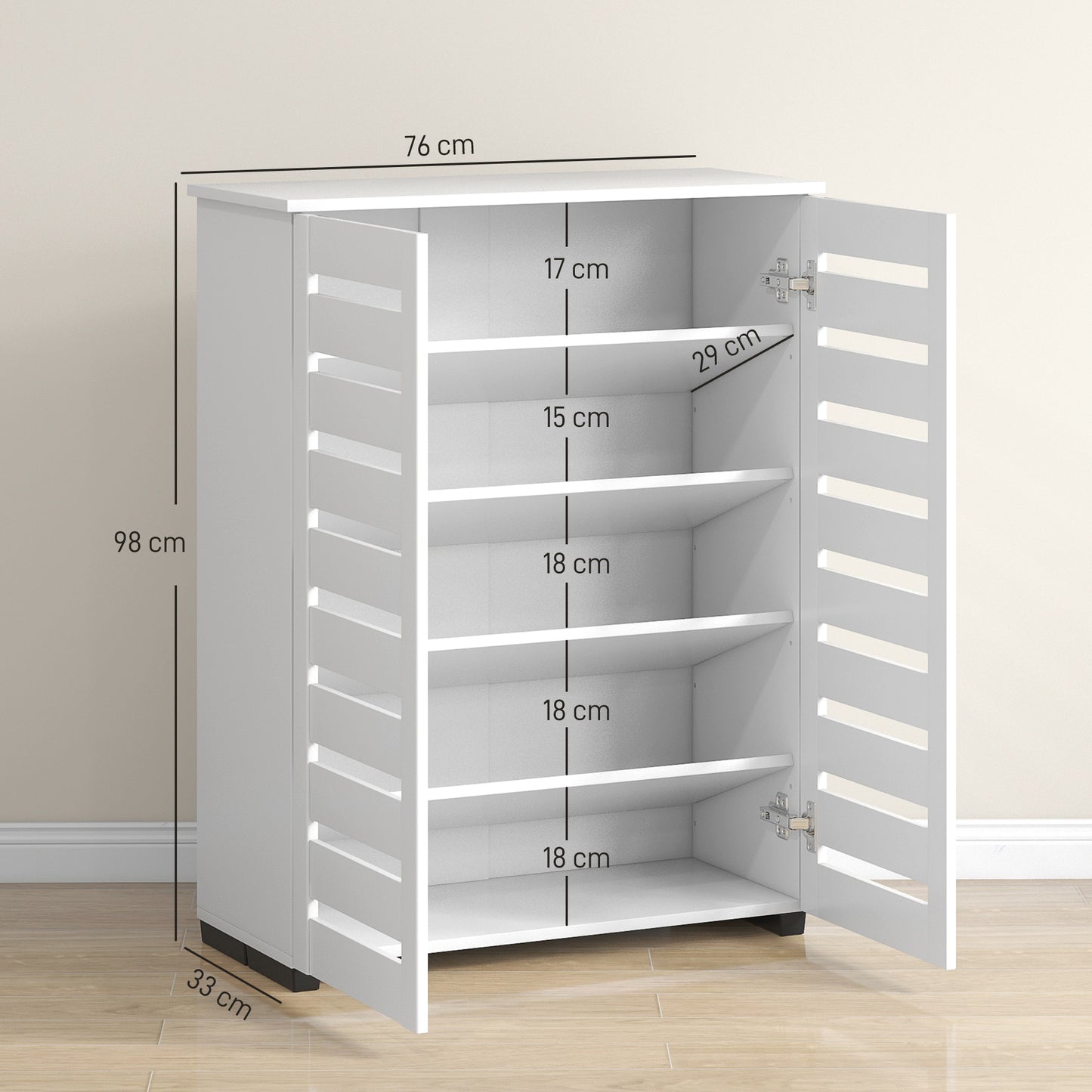 HOMCOM Narrow Shoe Cabinet For Entryway 5 Tier Slim Shoe Storage With 2 Slatted Doors And Adjustable Shelves