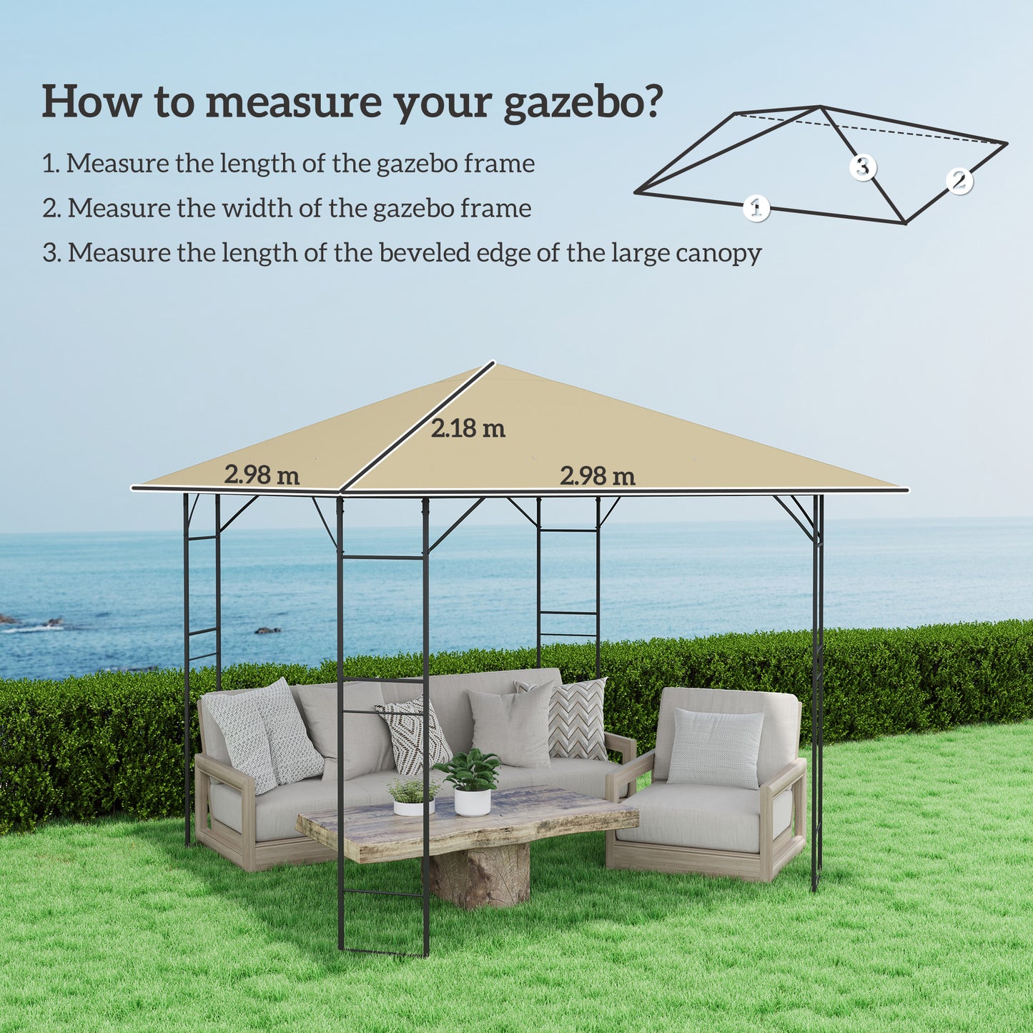 Outsunny 3x3m Gazebo Replacement Canopy Top Beige With Drain Holes UPF30 Water Resistant PVC Coating Top Cover Only