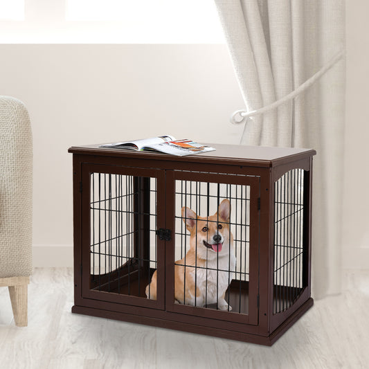 PawHut Stylish Brown Indoor Pet Cage with Metal Wire and Multiple Access Doors - 66cm Designer Crate for Small Animals - ALL4U RETAILER LTD