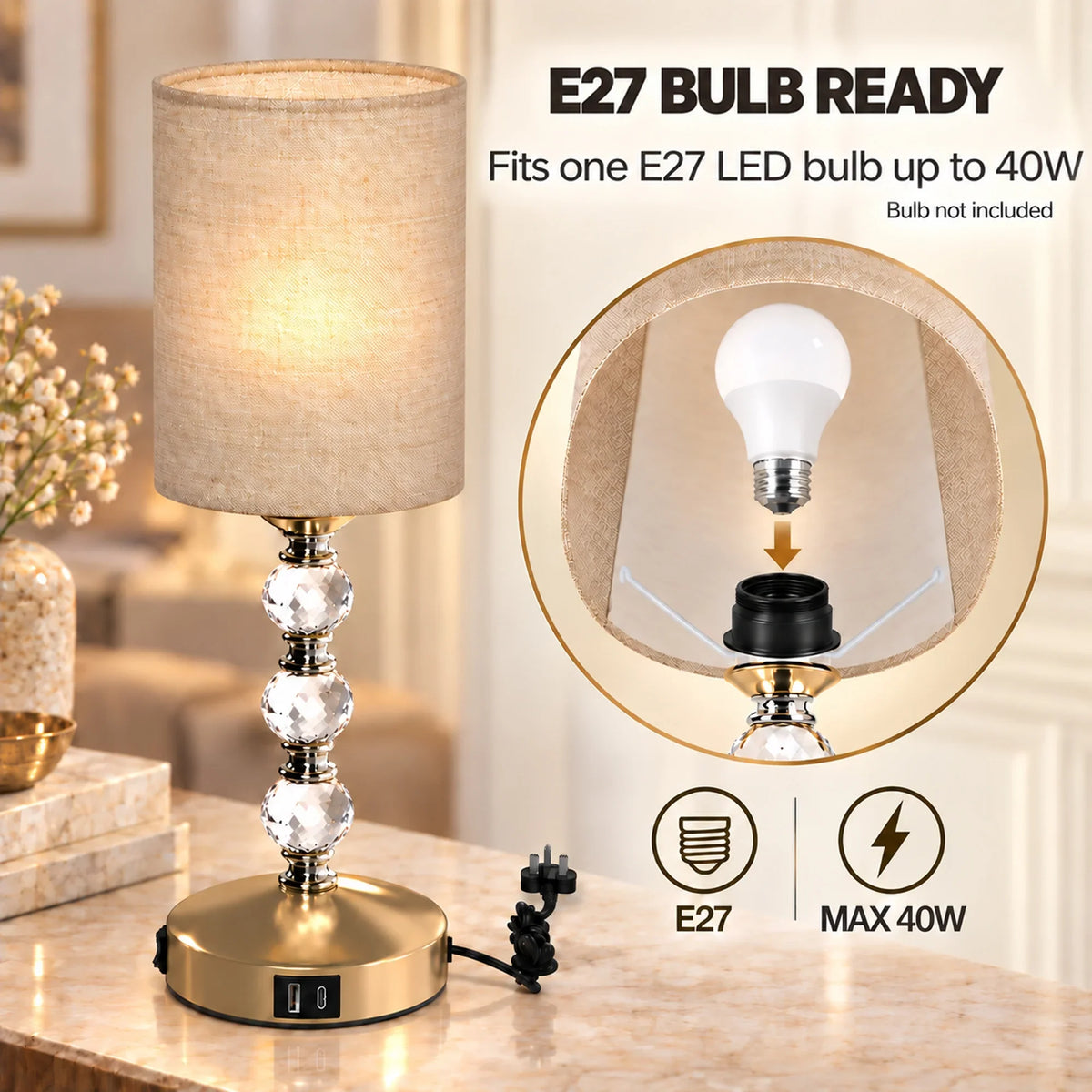 Crystal bedside lamp with beige shade and E27 bulb socket, max 40W rating