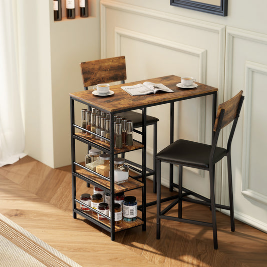HOMCOM Three Piece Compact Bar Table Set With Two Bar Stools Brown and Black Finish Space Saving Kitchen Bar Furniture