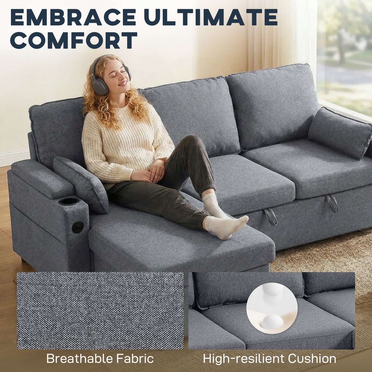 HOMCOM Corner Sofa Bed L Shaped Sleeper Sectional With Reversible Storage Chaise Pocket Springs Grey