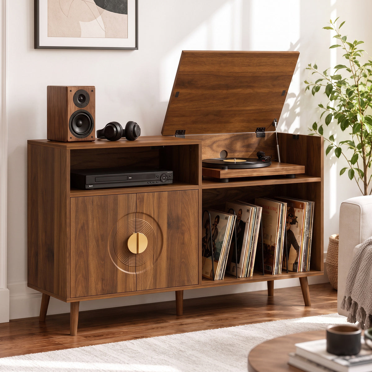 HOMCOM Vinyl Record Player Stand with 300 Album Storage and Flip Top Walnut