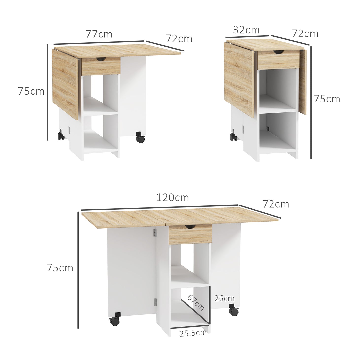 HOMCOM Folding Dining Table With Drop Leaf For Small Spaces Oak Finish Foldable Table With Drawer And Storage Shelves