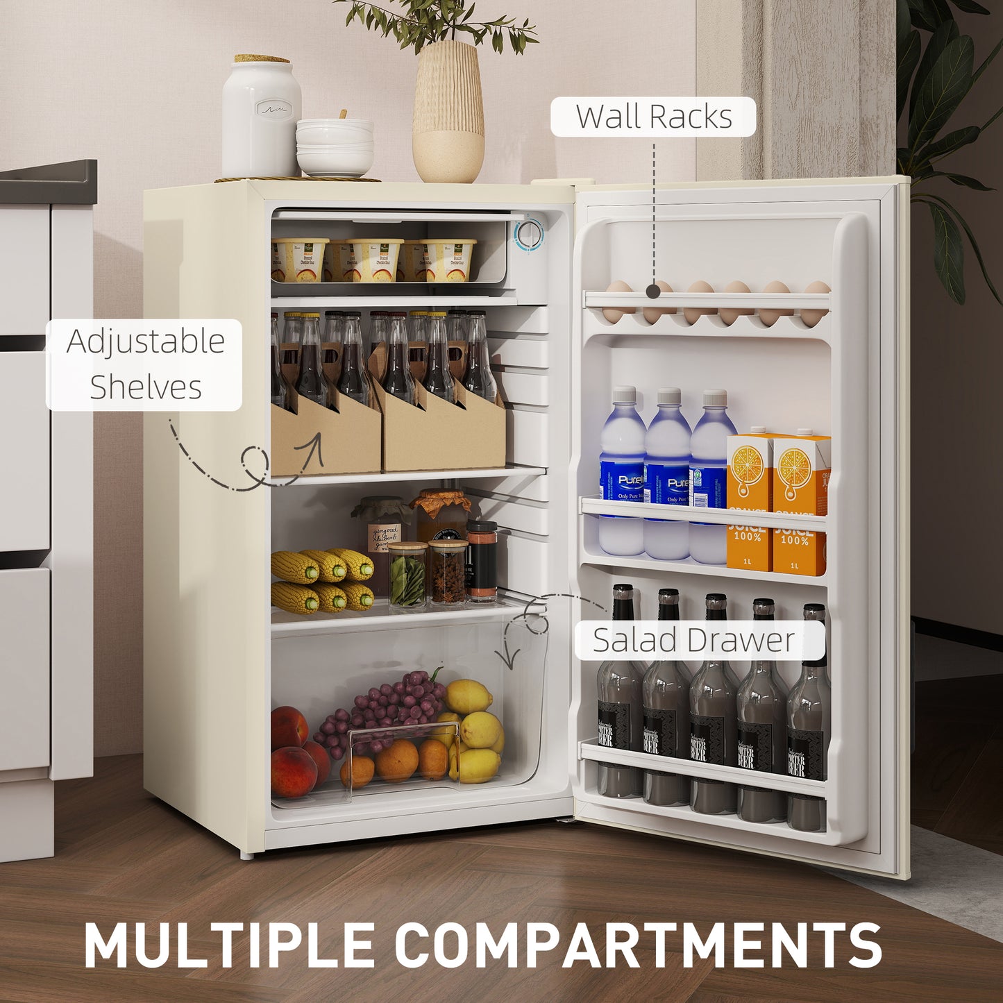 HOMCOM 91L Beige Under Counter Fridge with Chiller Box, Removable Shelf, Reversible Door, Adjustable Legs