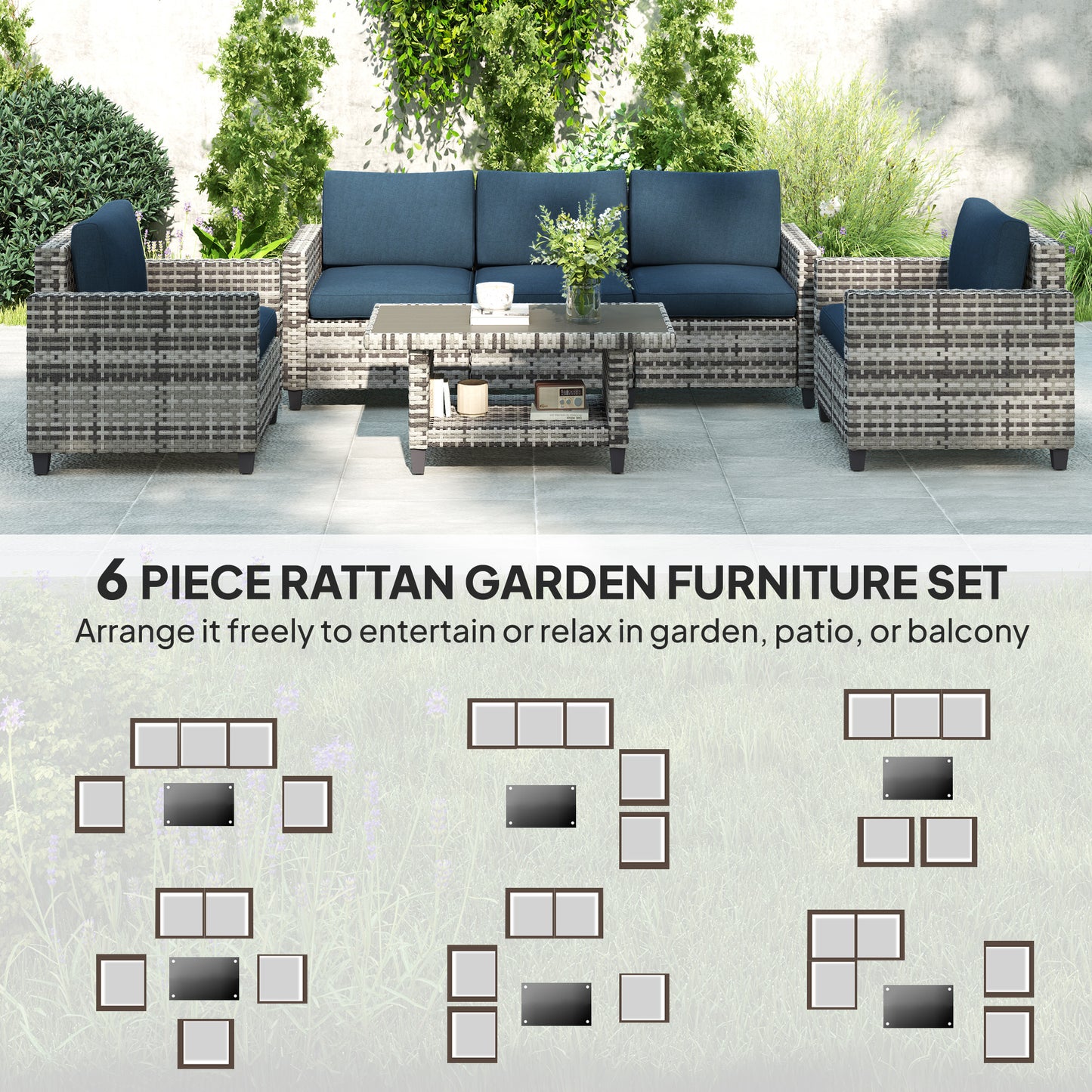 Outsunny Six Piece Modular Rattan Sofa Set Navy Blue Outdoor Garden Furniture With Table And Corner Chairs