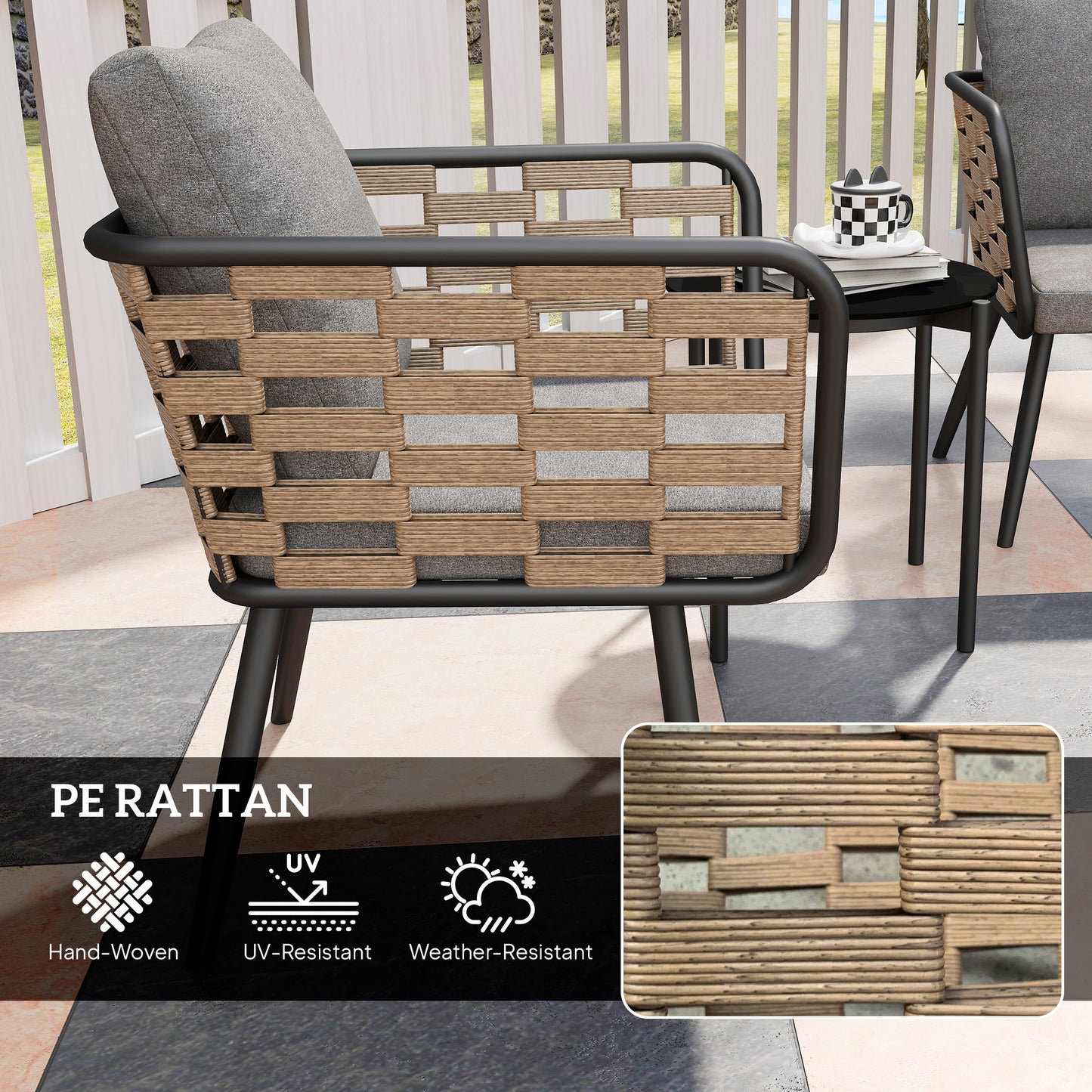 Outsunny 3 Pieces Rattan Bistro Set With Washable Cushions And Glass Top Coffee Table For Outdoor Patio Black