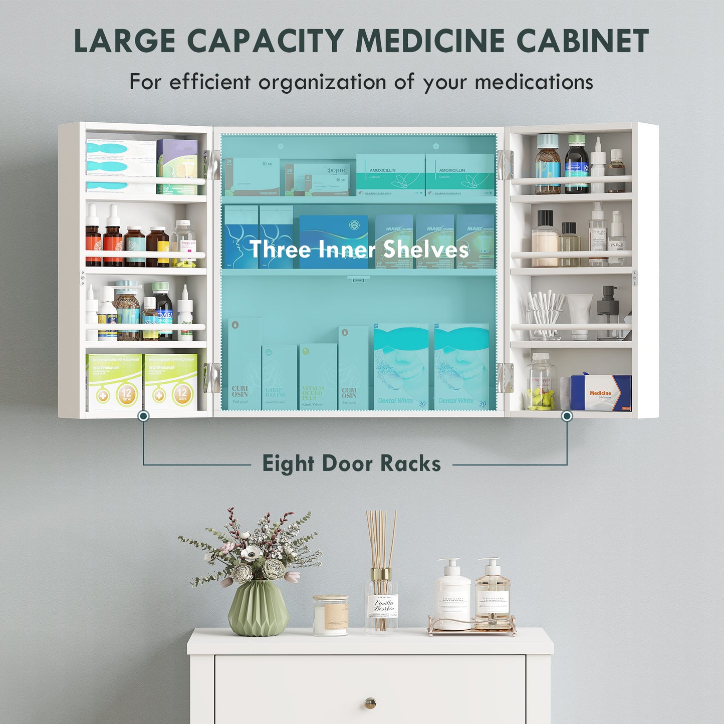 HOMCOM Wall Mount Medicine Cabinet With Lock, 2 Doors, 11 Storage Compartments, 3 Tier First Aid Organizer, White