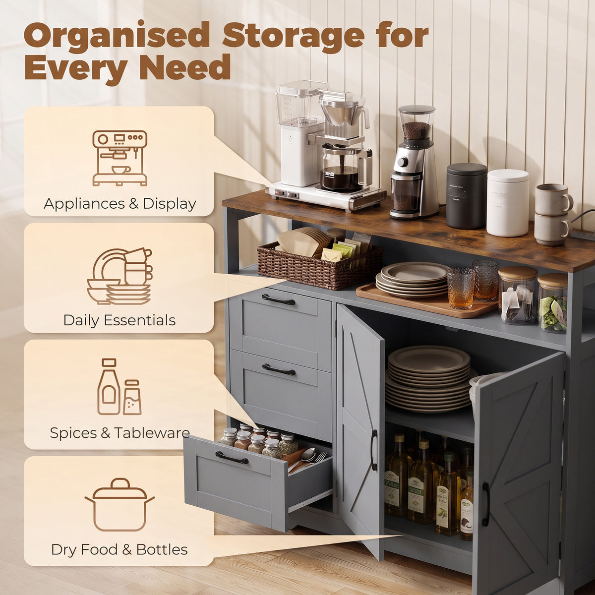 HOMCOM Grey Farmhouse Sideboard with Power Outlet 3 Drawers Open Shelf