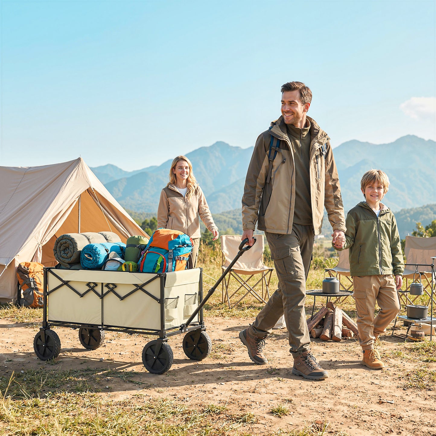 Outsunny 95L Foldable Festival Trolley On Wheels With Adjustable Handle And 2 Cup Holders Khaki