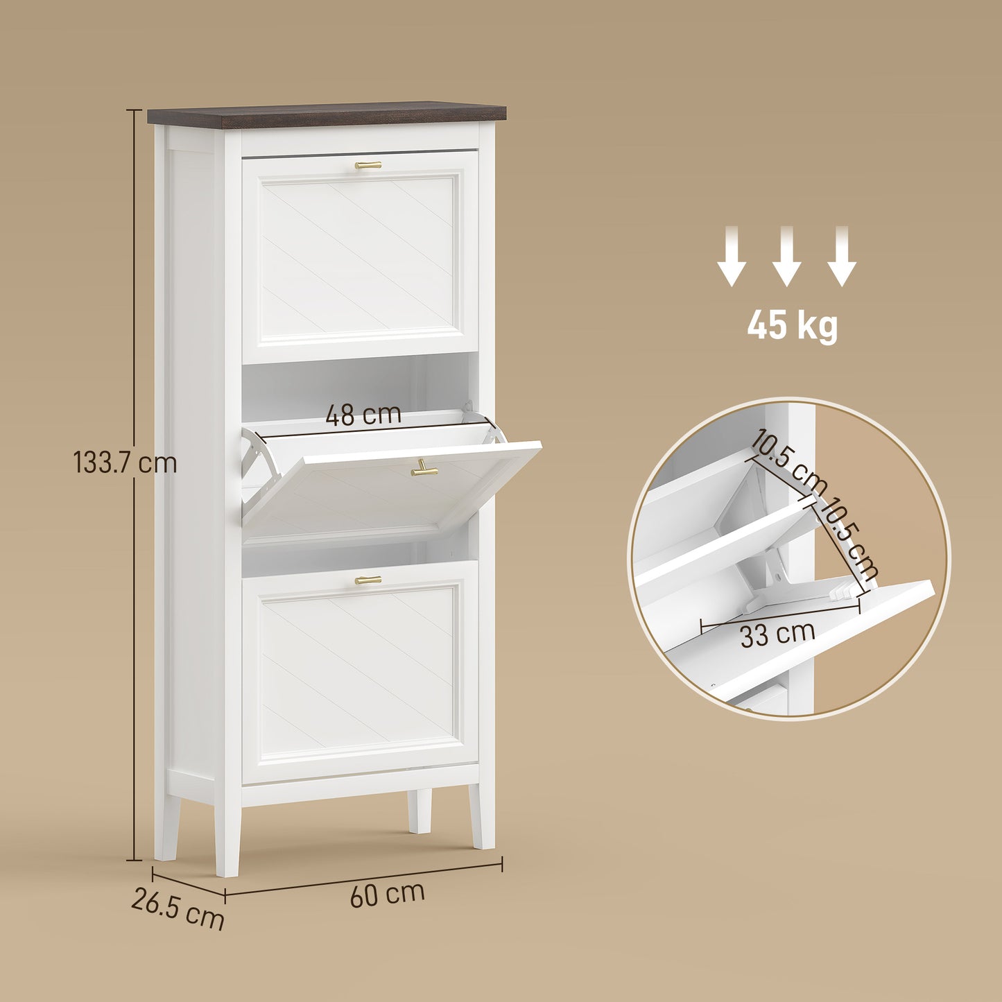 HOMCOM Shoe Storage Cabinet With 3 Flip Drawers And Adjustable Shelves Narrow Farmhouse White