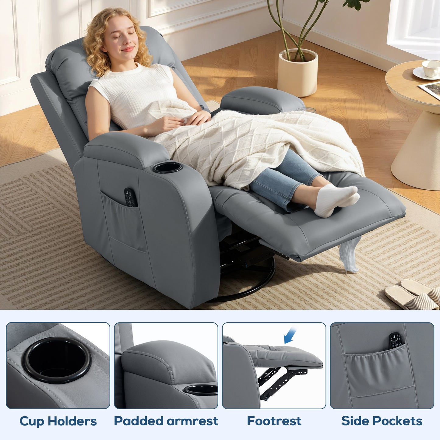 HOMCOM Massage Recliner Grey PU Leather With Eight Point Massage In Four Zones For Back Lumbar Heating Thighs And Legs