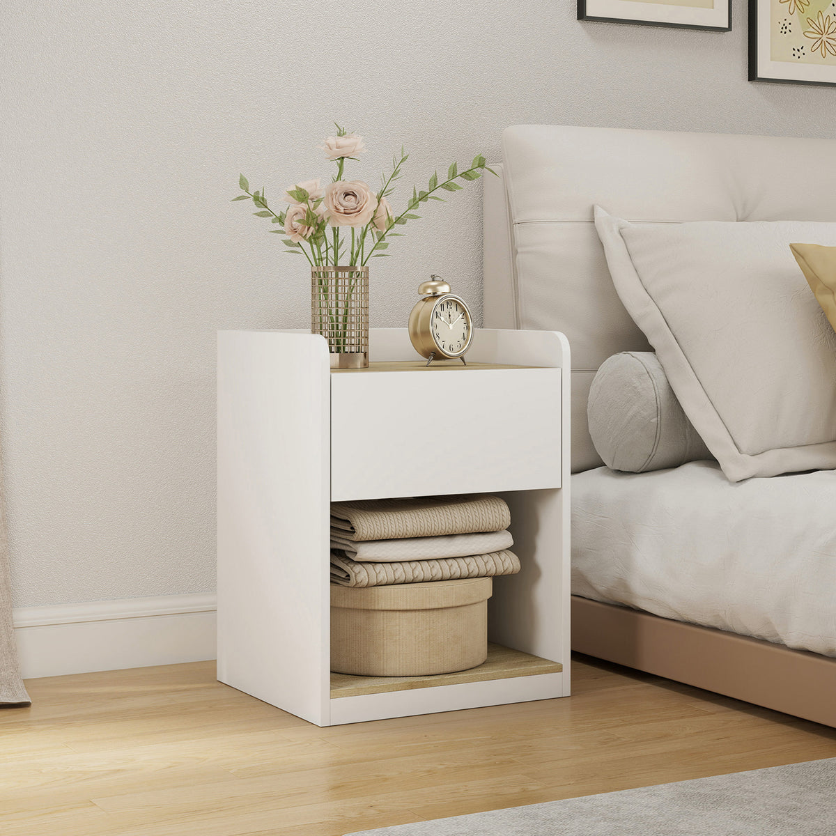 HOMCOM Slim Bedside Table With Drawer Open Shelf And Cable Holes White Oak