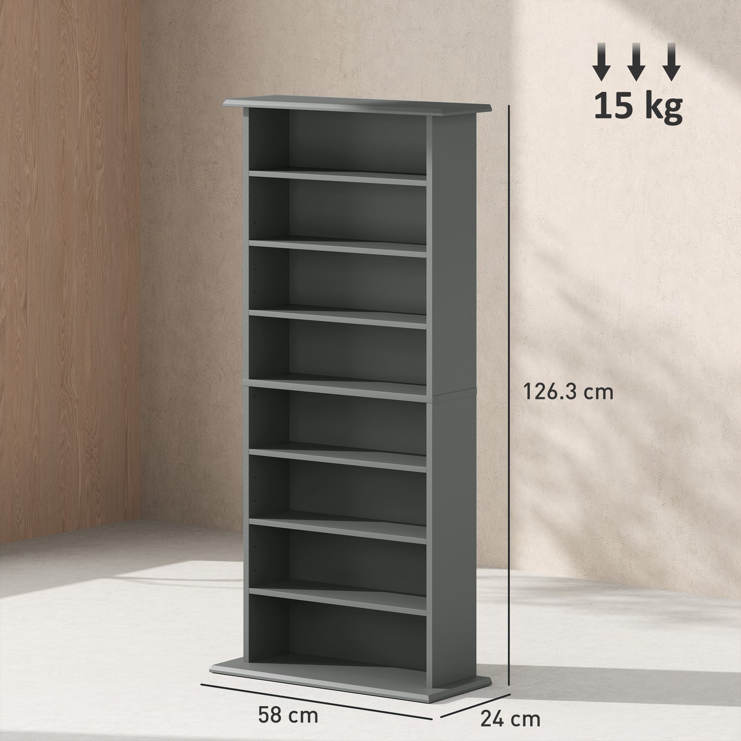 HOMCOM 360 CD Storage Unit Grey Tall Wall Mounted Multimedia Shelf Eight Compartments for CDs DVDs Blu Rays