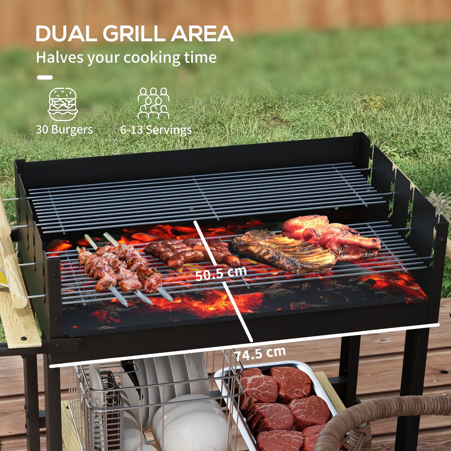 Outsunny Charcoal BBQ Grill Trolley With Double Adjustable Grill Side Table Storage Shelf And Wheels Black