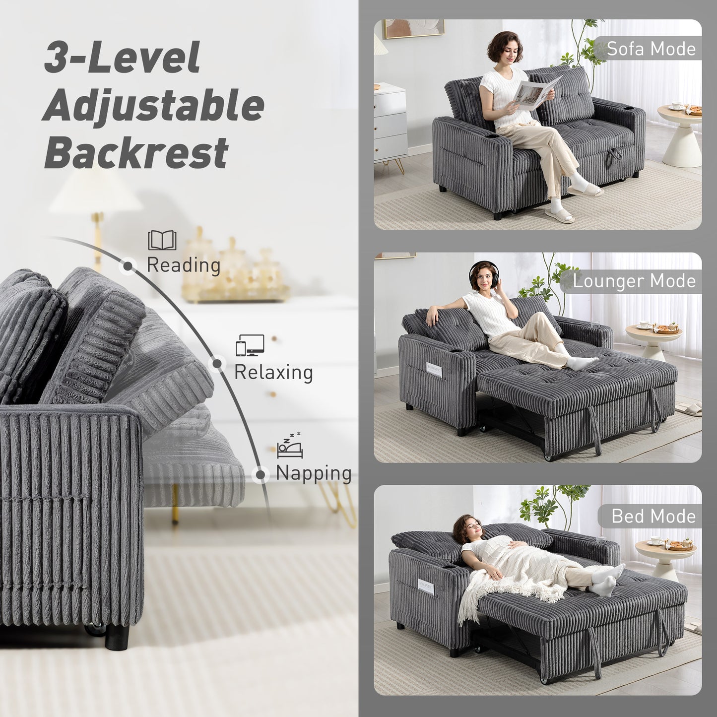 HOMCOM 2 Seater Click Clack Sofa Bed With Pull Out Design In Corduroy Upholstery Charcoal Grey
