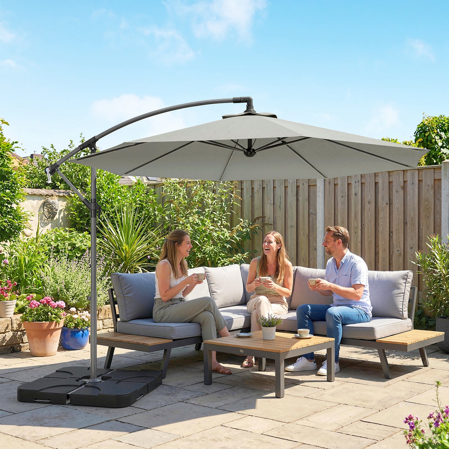 Outsunny 3m Overhanging Cantilever Parasol With Base Weights And Cover In Light Grey