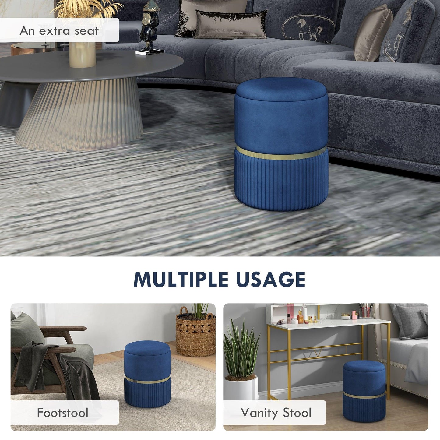 HOMCOM Round Ottoman Stool with Storage, Velvet-feel Fabric Upholstered Pouffe Foot Stool with Padded Seat and Hidden Space - ALL4U RETAILER LTD