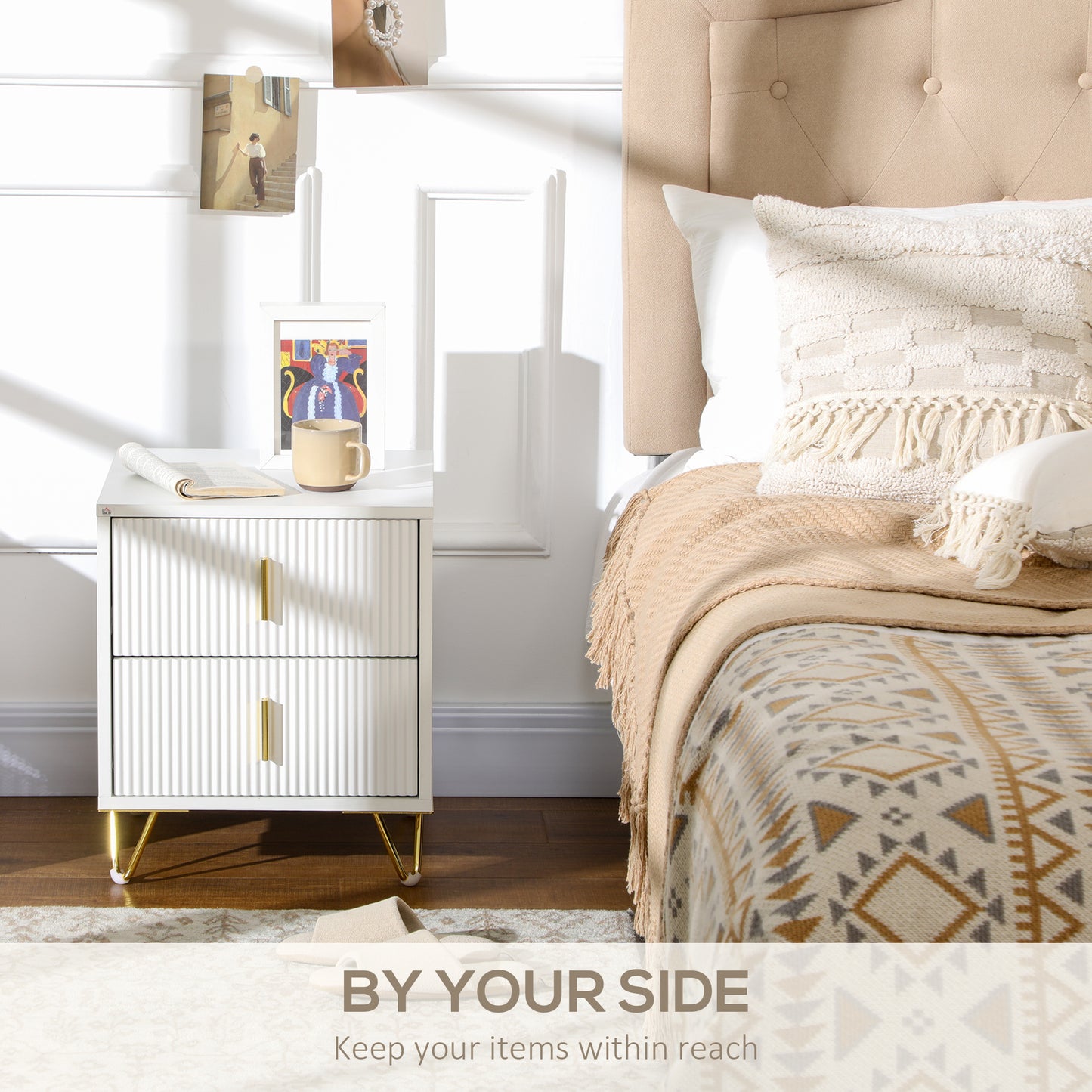 HOMCOM Set of 2 Two-Drawer Dressers in White with Gold-Tone Handles Ridged Fronts and Hairpin Legs