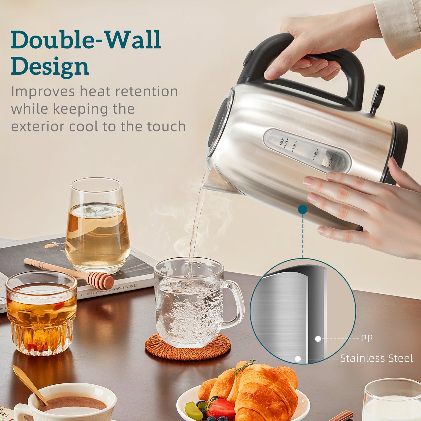 HOMCOM Polished Toaster and Kettle Set Silver Tone With 1.7L Kettle Capacity and LED Indicator