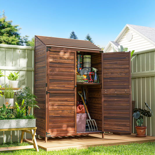 Outsunny 103.5 x 59 Cm Wooden Garden Shed Brown With Slatted Base And Upper And Lower Shelves