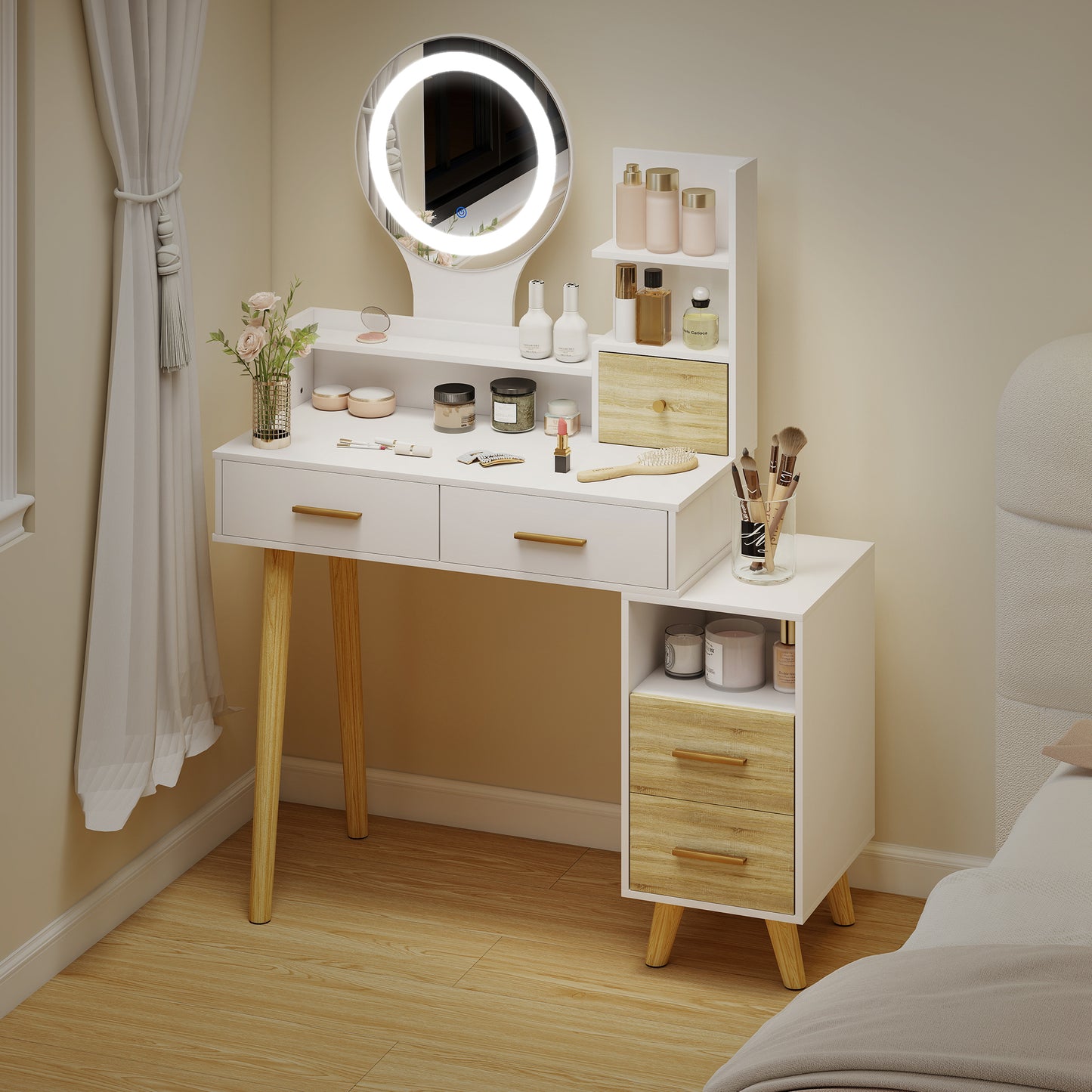 HOMCOM White Elegant Dressing Table With Ample Storage And LED Round Mirror Vanity Desk For Makeup