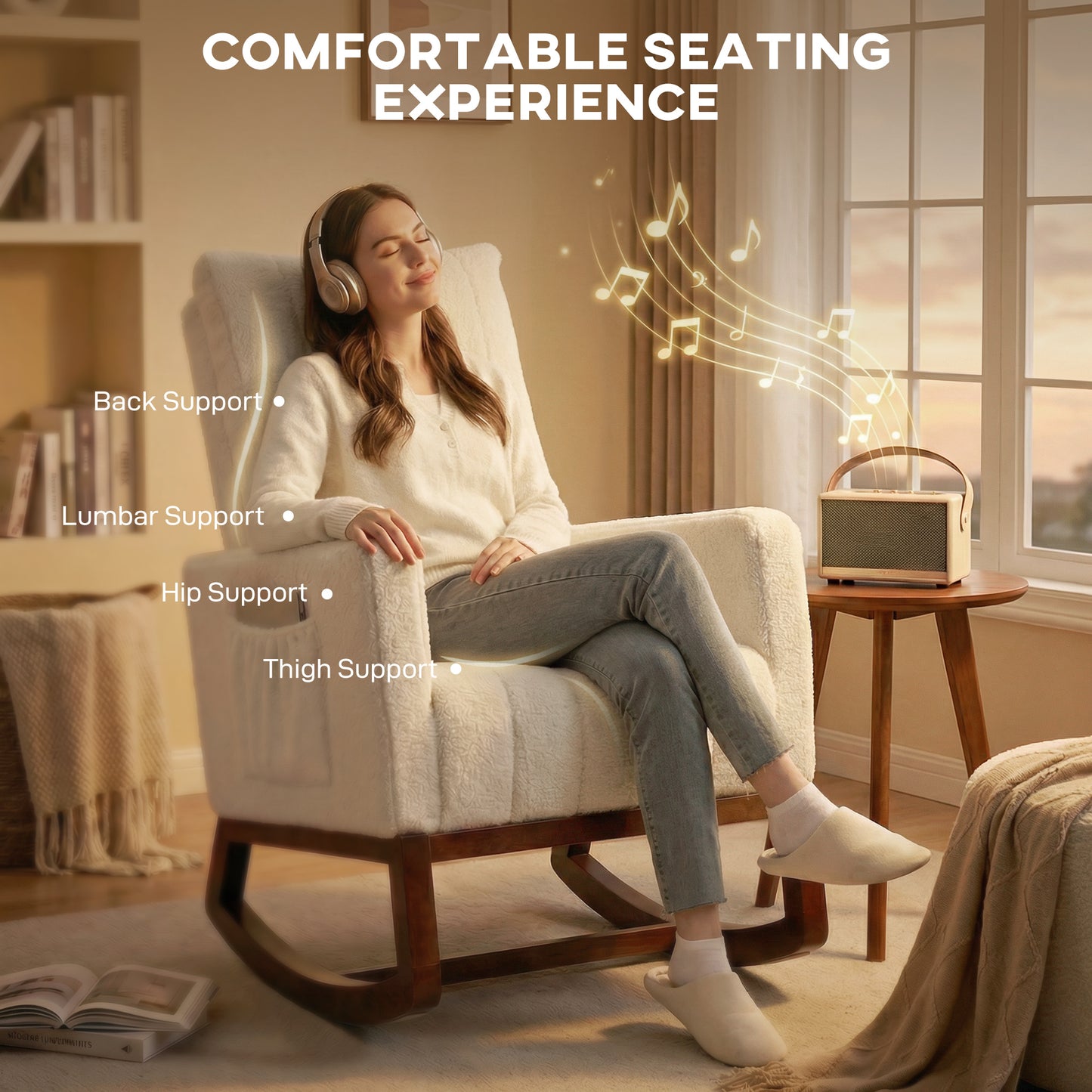 HOMCOM Rocking Chair for Adults with Lumbar Pillow and High Back Wood Base Side Pockets Cream White