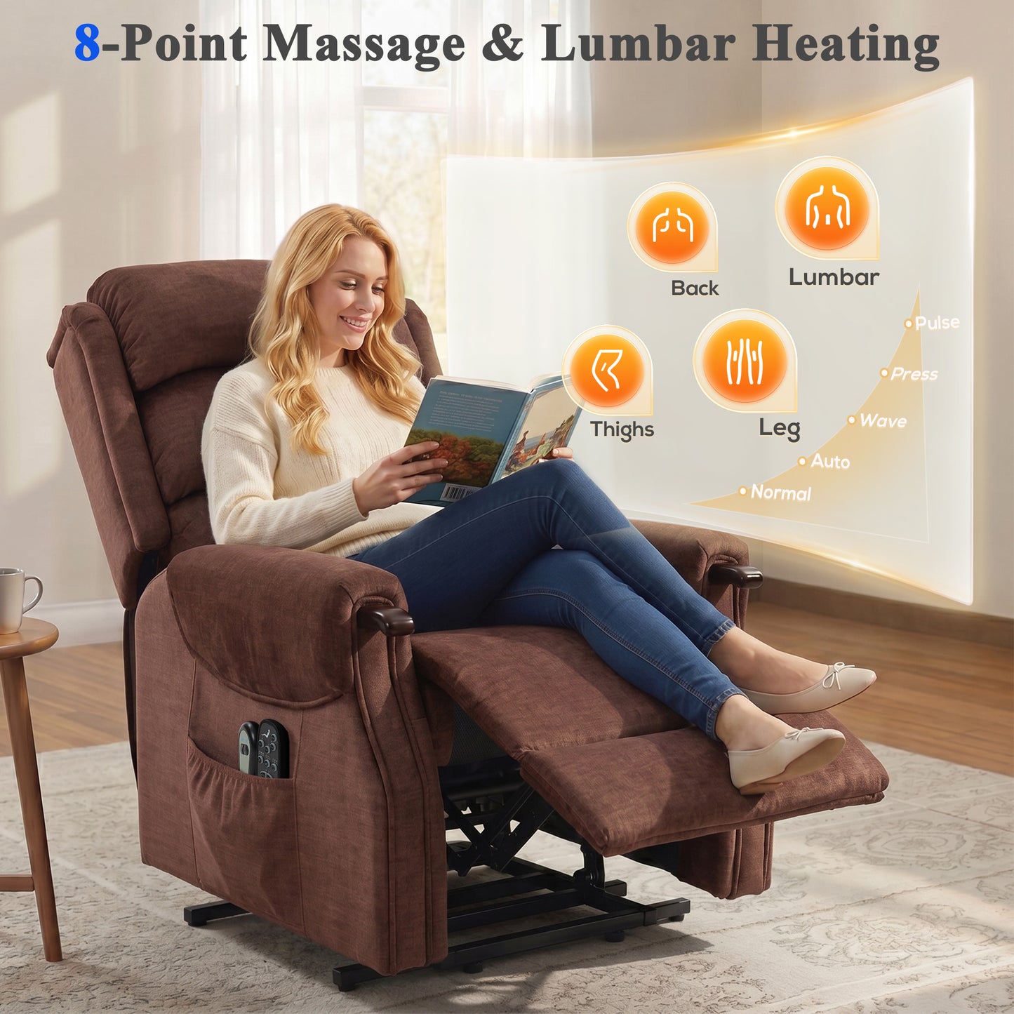 HOMCOM Power Lift Recliner With Vibration Massage And Heat For Tall Users Wood Armrest Pocket Springs Brown