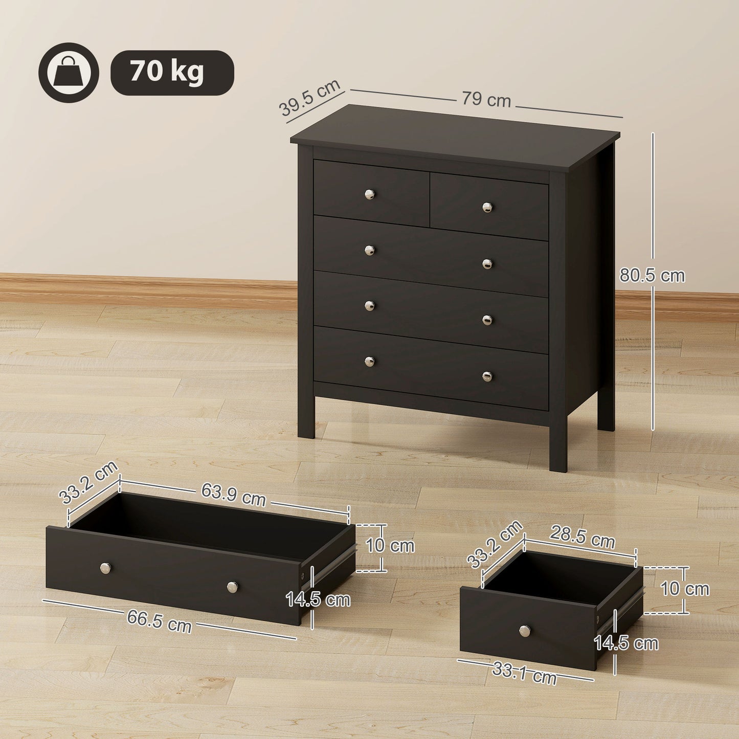HOMCOM Five Drawer Dresser Chest of Drawers in Black for Bedroom Living Room Hallway with Round Knobs