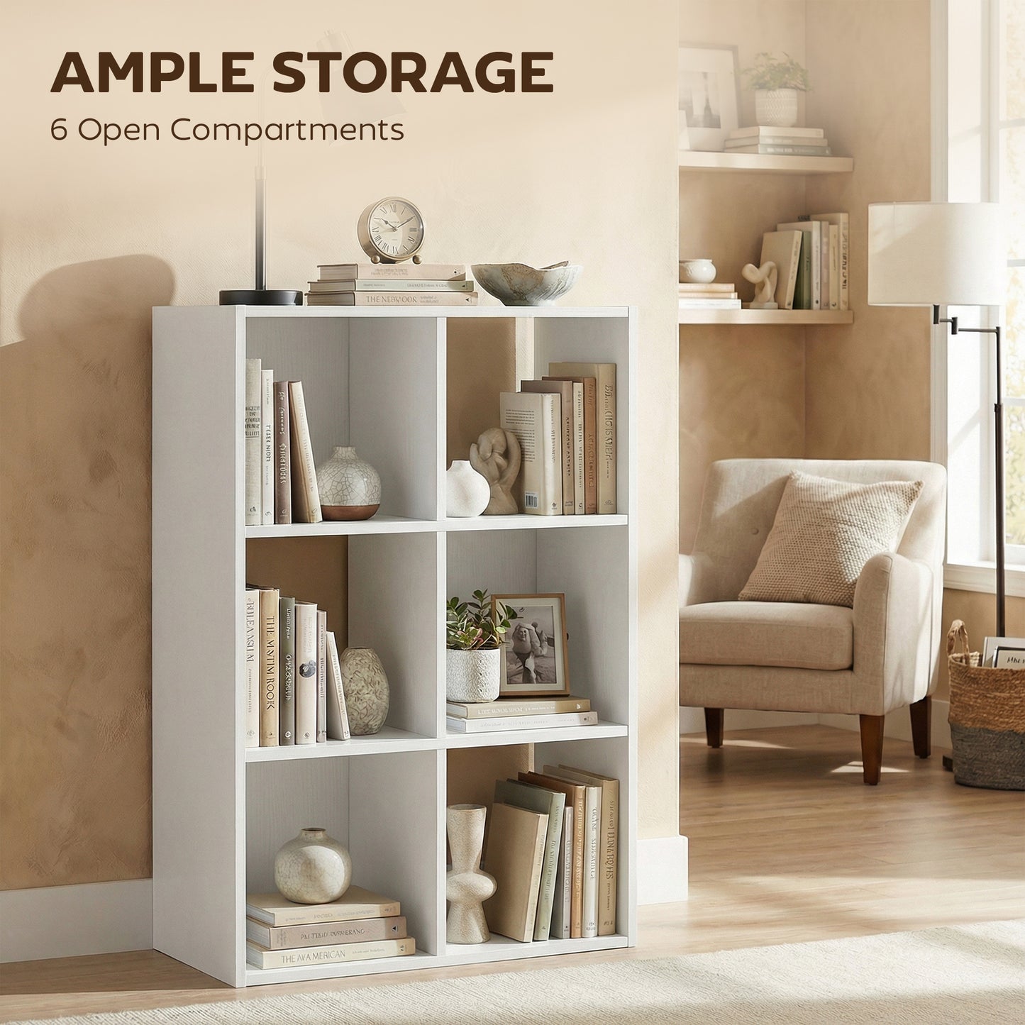 HOMCOM Industrial Style Storage Shelf Bookcase With 6 Compartments White Wood Effect For Living Room And Home Study