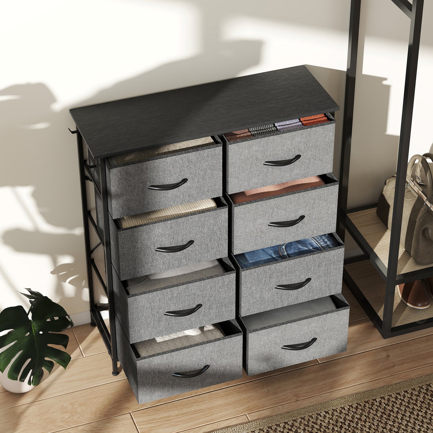 HOMCOM Fabric Chest Of Eight Drawers Charcoal Grey With Steel Frame And Side Pockets