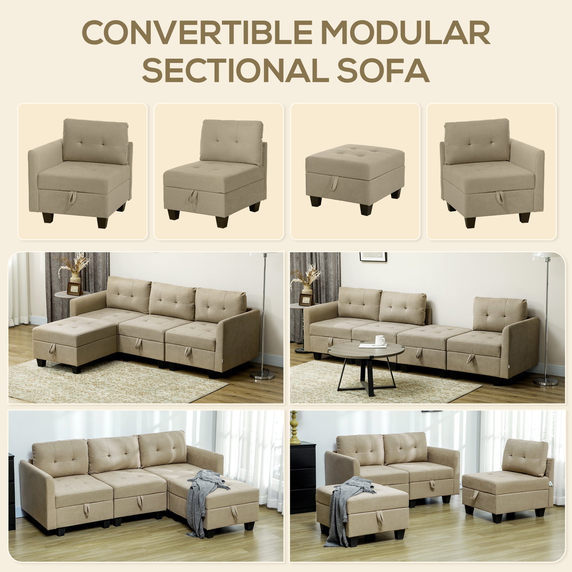 Versatile Light Brown Modular Sectional Sofa with Storage and Ottoman - 3 Seater L-Shaped Couch by HOMCOM - ALL4U RETAILER LTD