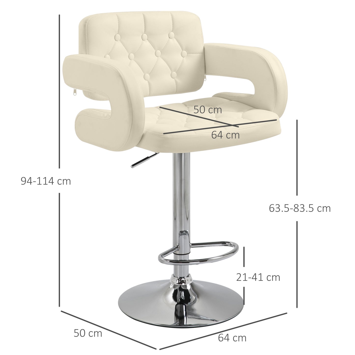 Upholstered Swivel Bar Stool Set of 2 Height Adjustable Back Armrest Footrest Chrome Base PU Upholstery White