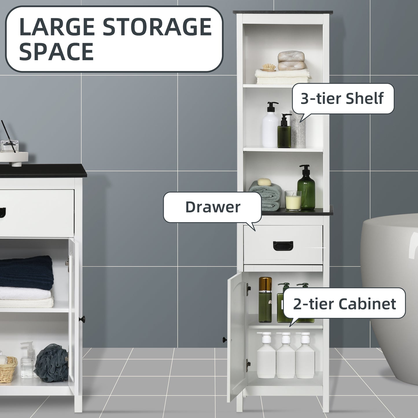 Kleankin White Bathroom Furniture Set Floor Cabinet With Drawers And Double Doors Tall Cabinet Adjustable Shelves