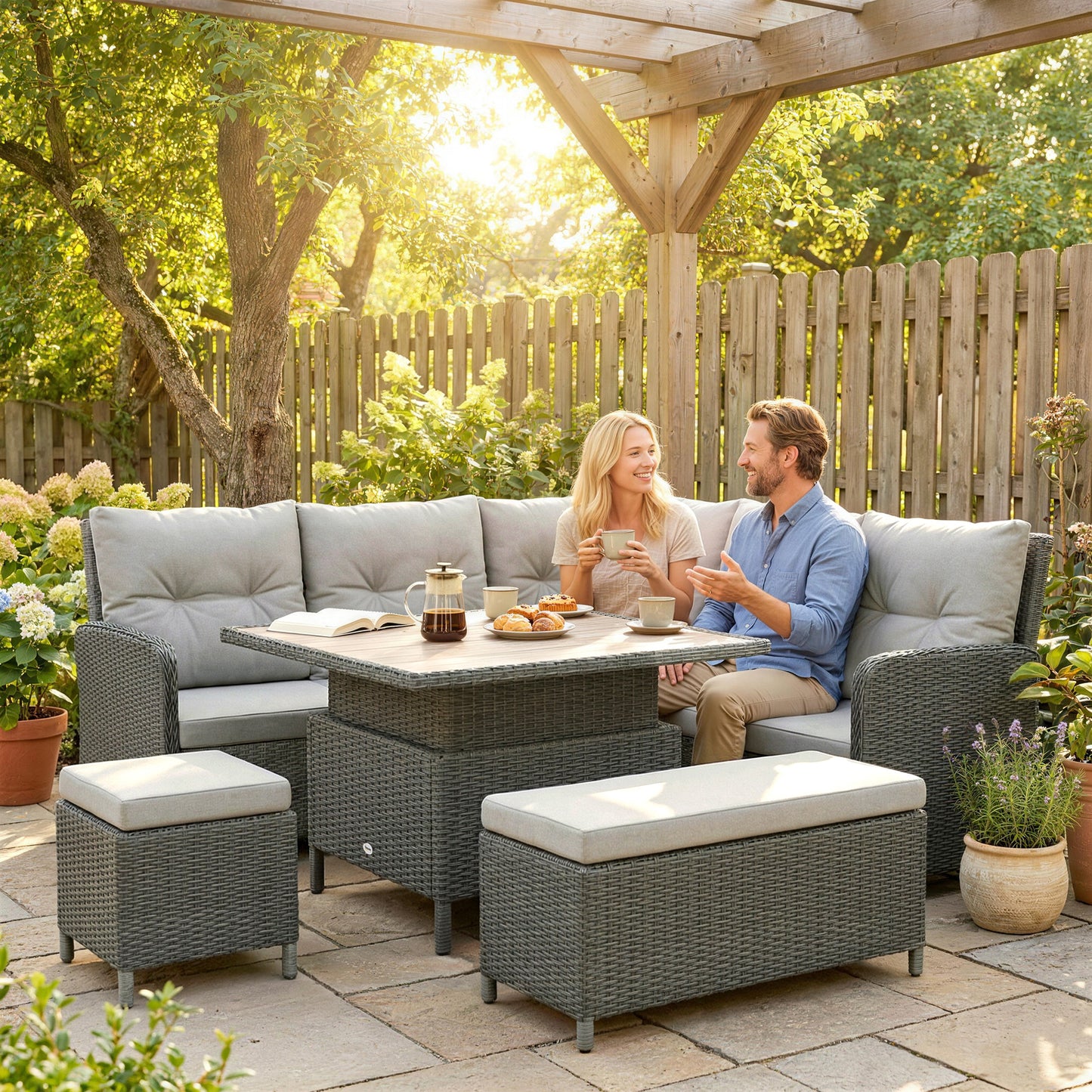 Outsunny Six Piece Outdoor PE Rattan Patio Furniture Set With Corner Sofa And Wicker Lounge Conversation Set