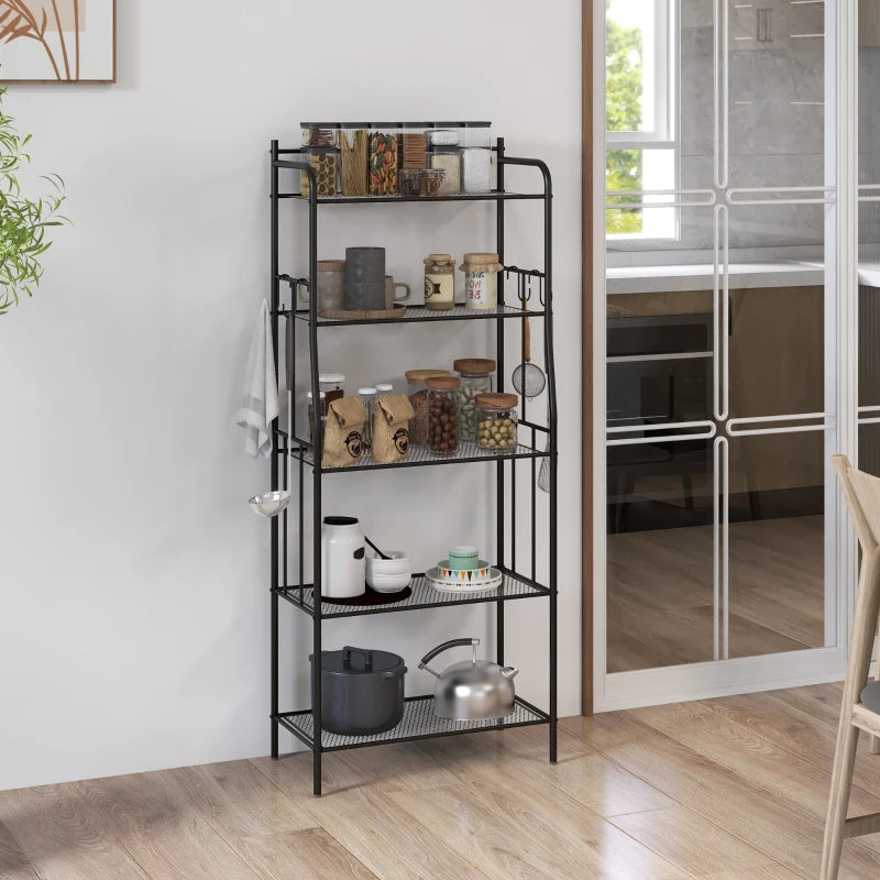 HOMCOM Five-Tier Black Steel Frame Kitchen Storage Shelving Unit with Adjustable Shelves - ALL4U RETAILER LTD