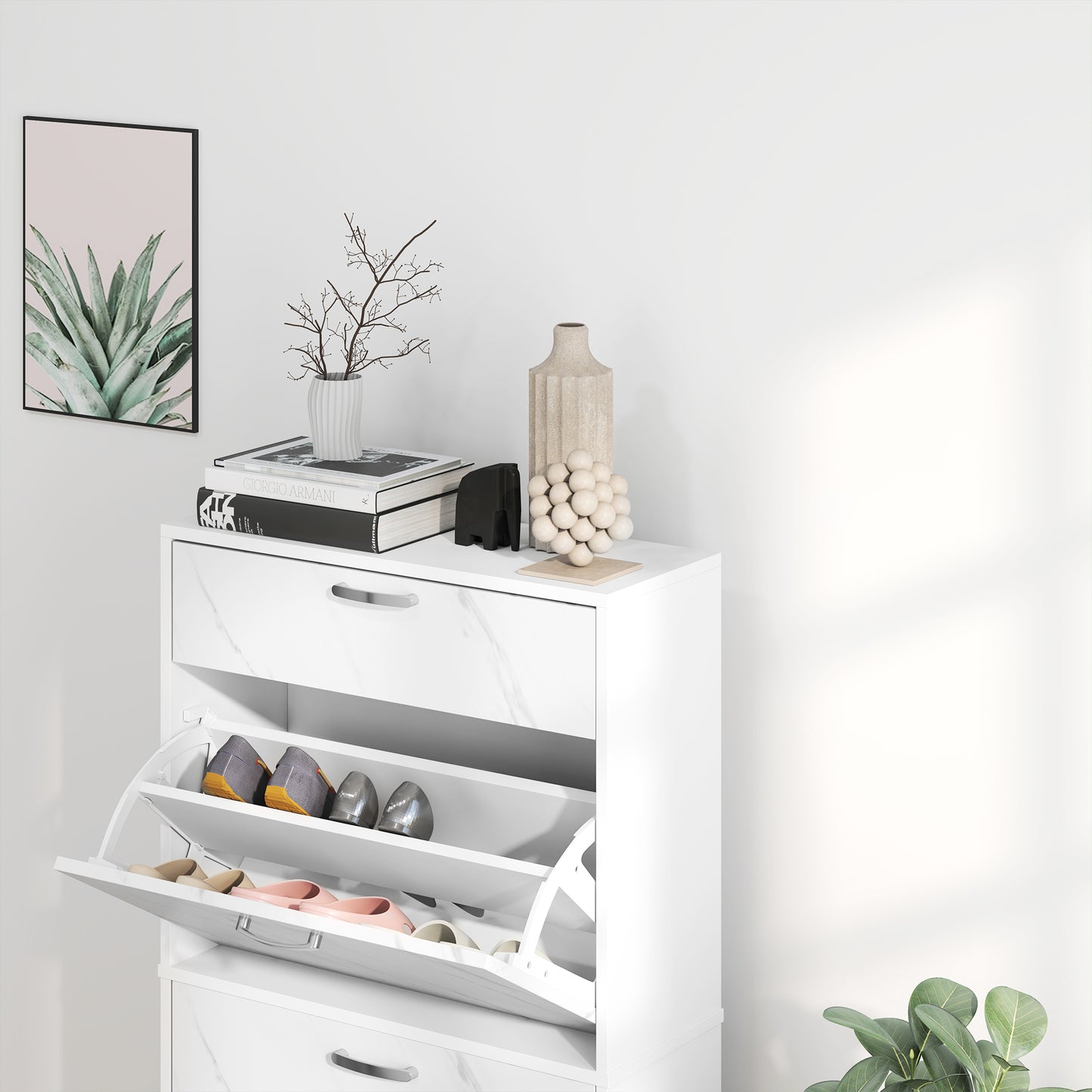 HOMCOM Marble White Shoe Storage Cabinet With 3 Flip Drawers Top Drawer And Adjustable Shelves Hallway Cabinet