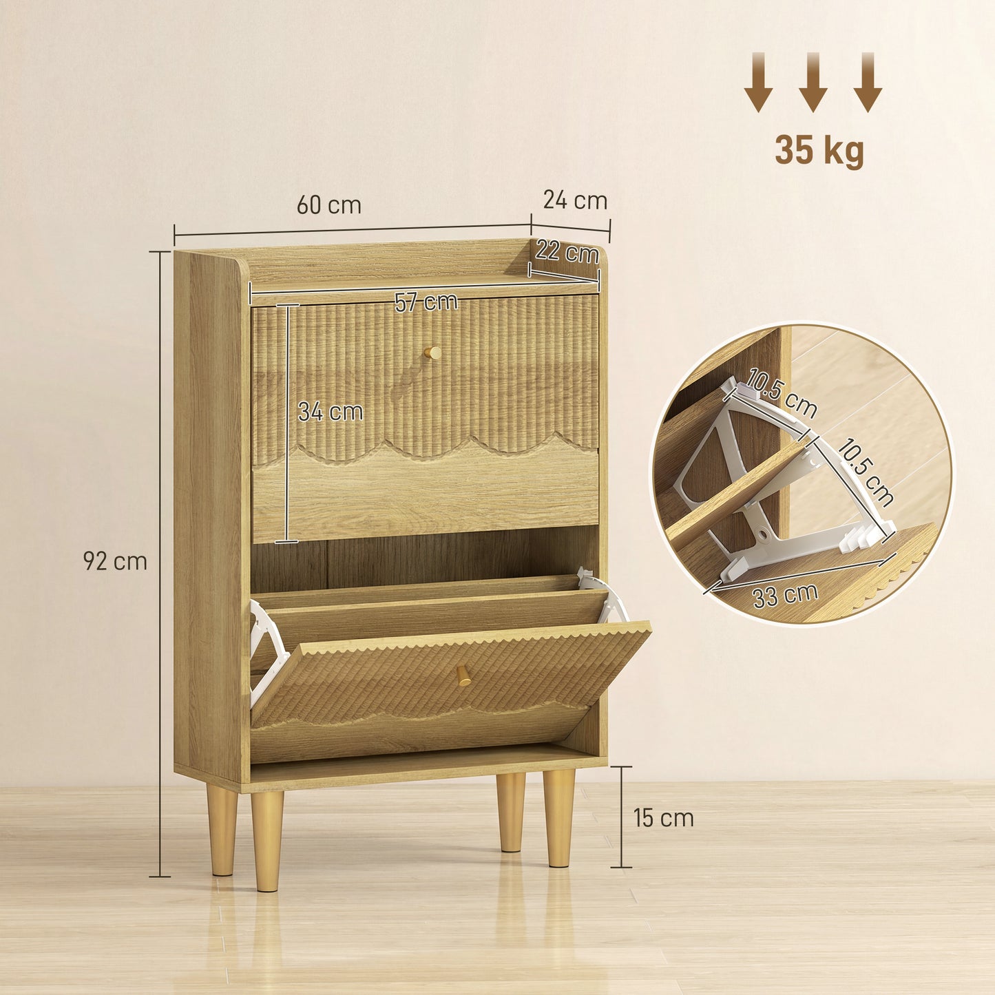 HOMCOM Narrow Shoe Cabinet Oak Finish With 2 Flip Drawers Slim 24cm Depth Holds 8 To 12 Pairs