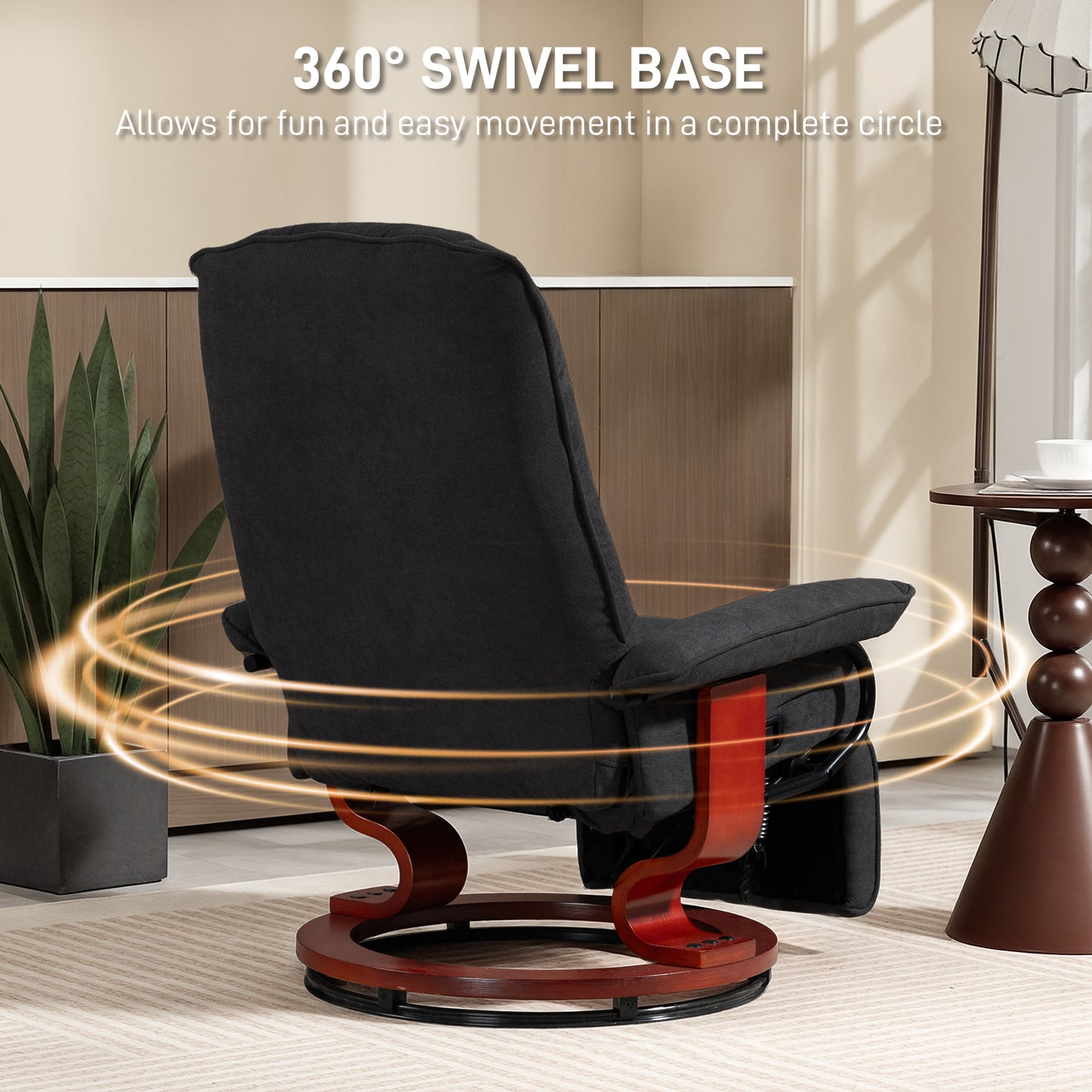 HOMCOM Reclining Swivel Chair With Manual Footrest Black Padded Armchair For Living Room
