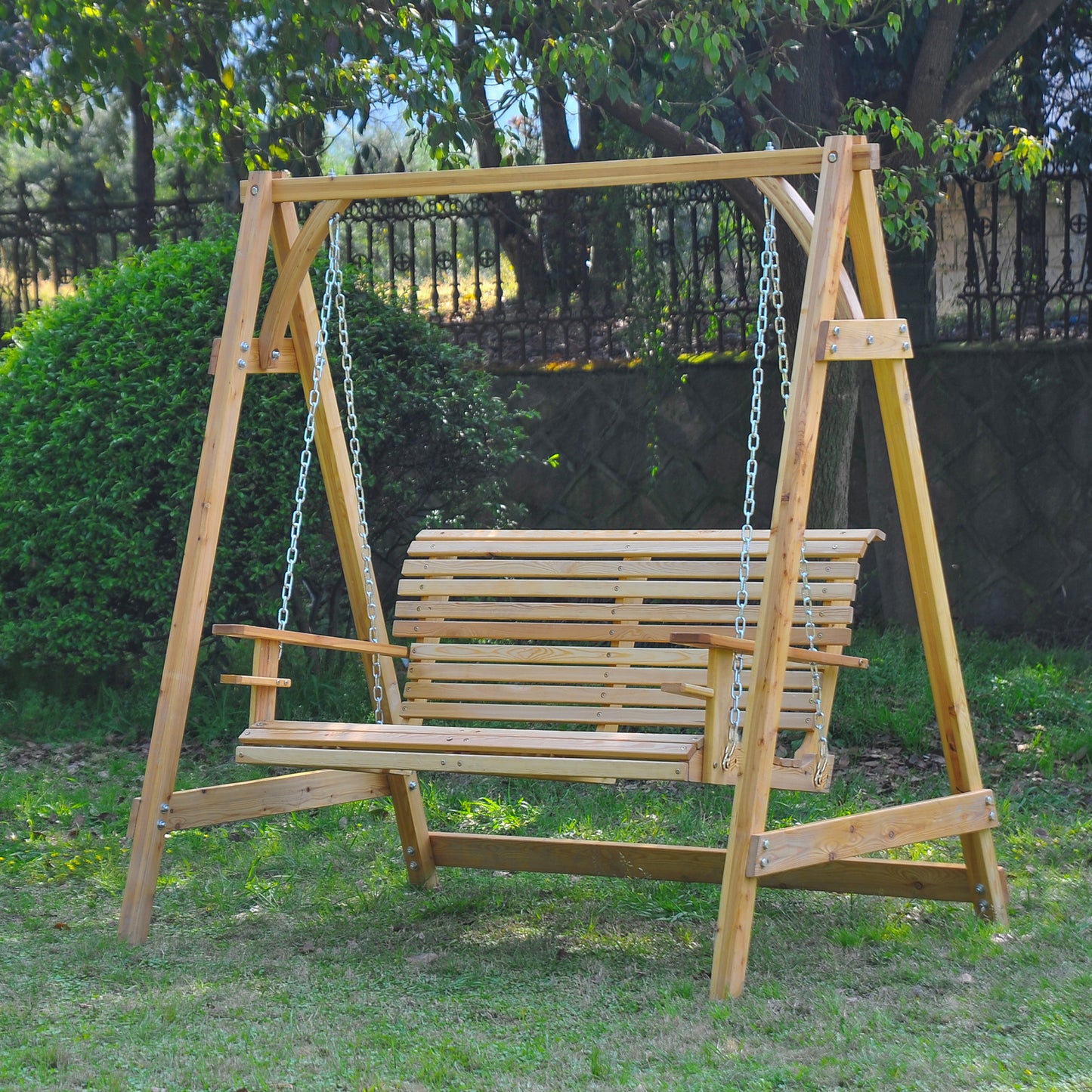 Outsunny 2 Seater Garden Swing Seat Wooden Swing Chair Bench With Cup Holders For Outdoor Porch Patio Natural Finish