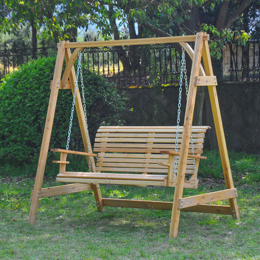 Outsunny 2 Seater Garden Swing Seat Wooden Swing Chair Bench With Cup Holders For Outdoor Porch Patio Natural Finish