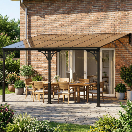 Outsunny 4 x 3 m Wall Mounted Lean To Pergola with Polycarbonate Roof and Aluminium Frame Brown Outdoor Patio Gazebo