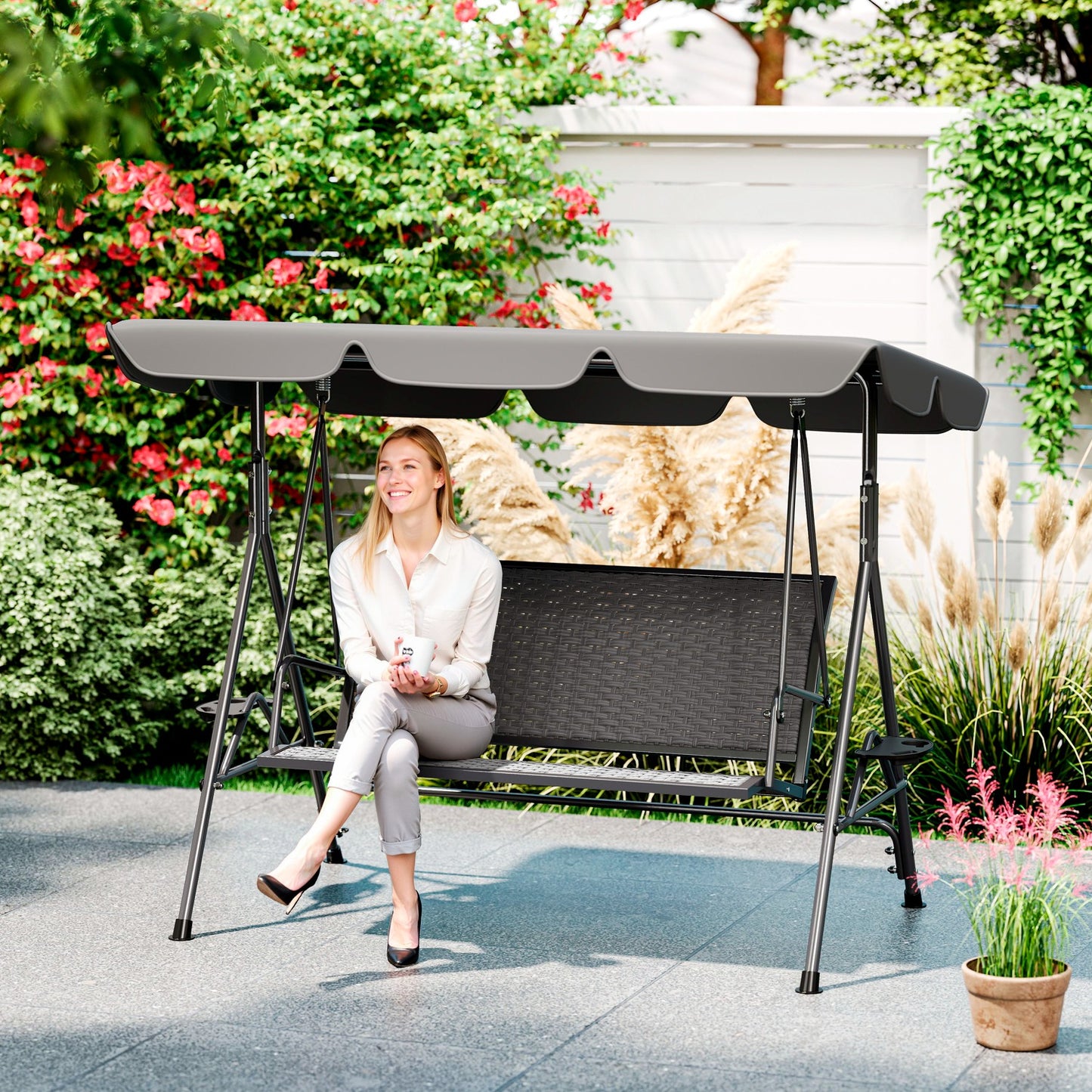 Outsunny 3 Seater Swing Chair With Adjustable Canopy Rattan Seat And Steel Frame For Patio Garden Grey
