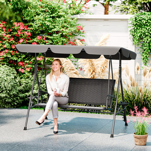 Outsunny 3 Seater Swing Chair With Adjustable Canopy Rattan Seat And Steel Frame For Patio Garden Grey