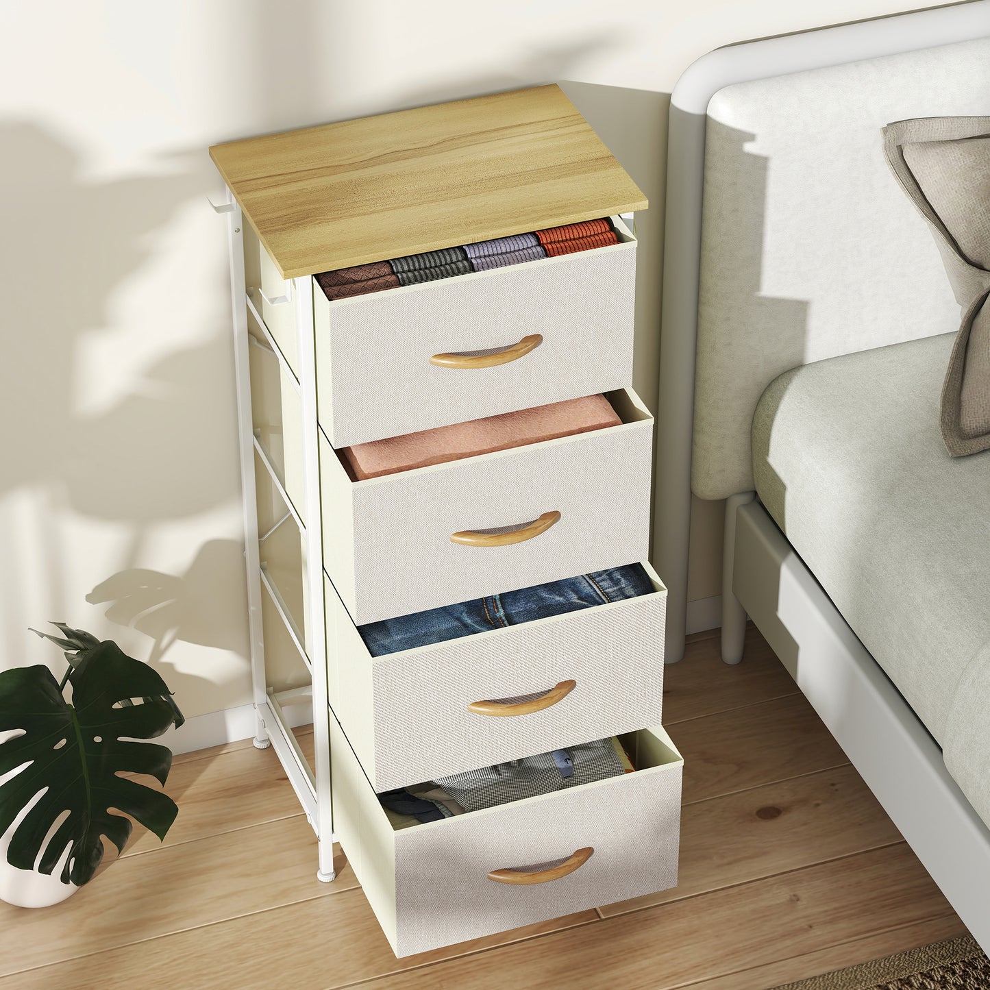 HOMCOM Chest Of Four Fabric Drawers Beige With Side Pockets And Hooks Steel Frame Storage Organizer